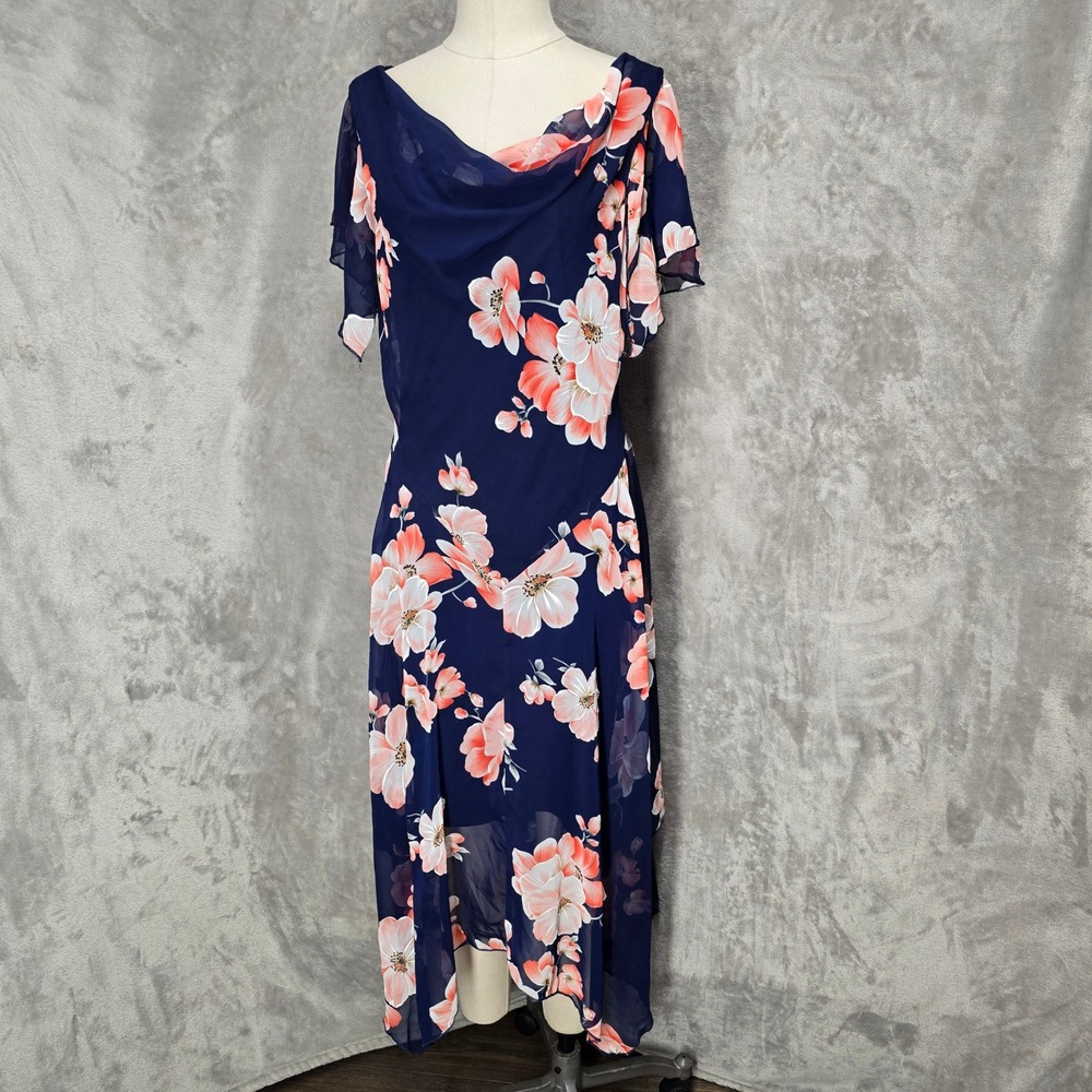 Robbie Bee Dress Women 12 Navy Blue Floral Cowl Neck Midi Asymmetrical Hem Fairy